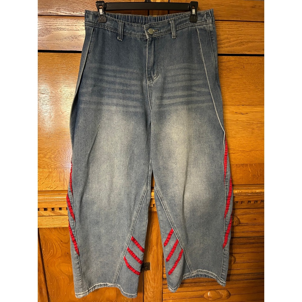 Y2K Streetwear Grunge Fairycore Red Ruffle Trim Wide Leg Denim Jeans Medium Wash